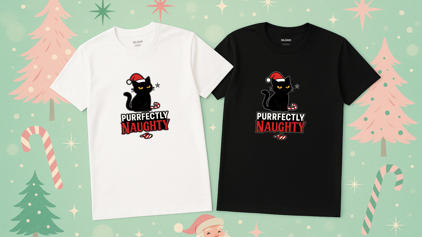 Purrfectly Naughty Black Cat Christmas Shirt – Charcoal Gildan 64000 Unisex Tee