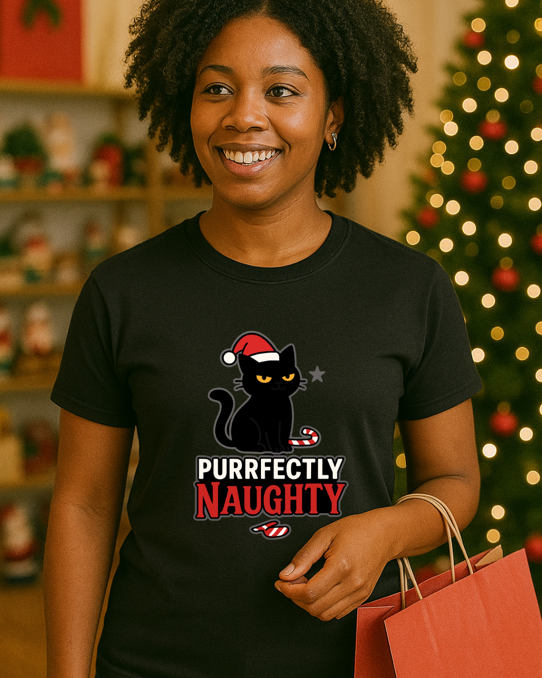 Purrfectly Naughty Black Cat Christmas Shirt – Charcoal Gildan 64000 Unisex Tee