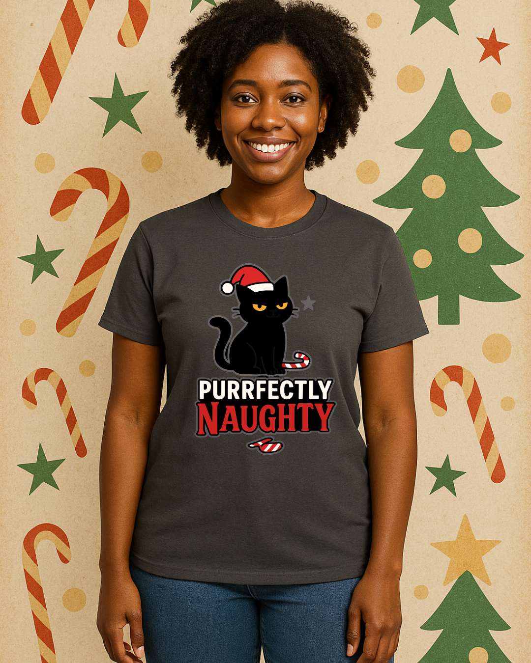 Purrfectly Naughty Black Cat Christmas Shirt – Charcoal Gildan 64000 Unisex Tee