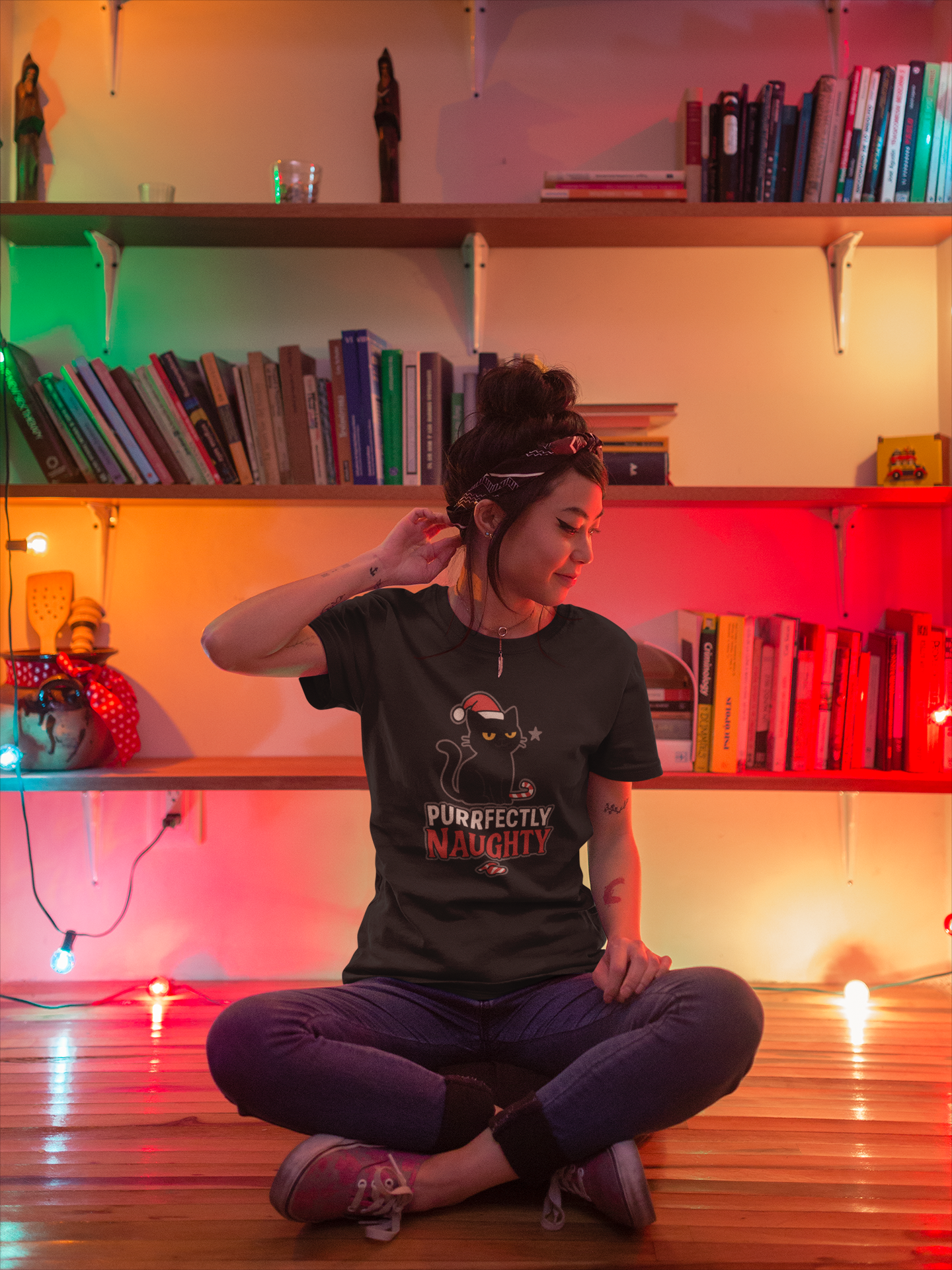 Purrfectly Naughty Black Cat Christmas Shirt – Charcoal Gildan 64000 Unisex Tee