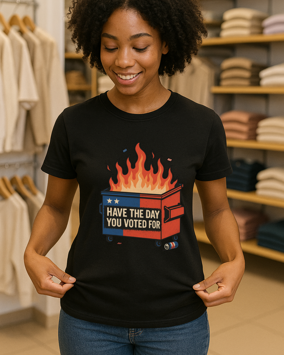 Have The Day You Voted For | Dumpster Fire Political Satire Tee (Gildan 64000 Royal Blue) | Free Shipping