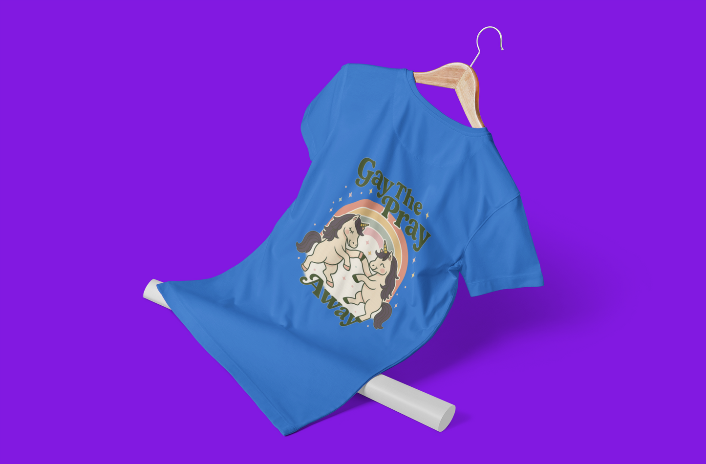 Gay The Pray Away Shirt | Cute Pride Unicorn Tee | LGBTQ+ Funny Graphic Tee | Gildan 64000 Softstyle | Gay Pride Gift | Retro Pastel Rainbow Shirt