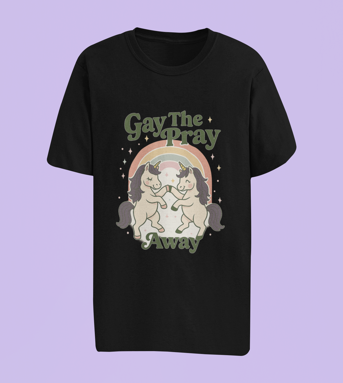 Gay The Pray Away Shirt | Cute Pride Unicorn Tee | LGBTQ+ Funny Graphic Tee | Gildan 64000 Softstyle | Gay Pride Gift | Retro Pastel Rainbow Shirt