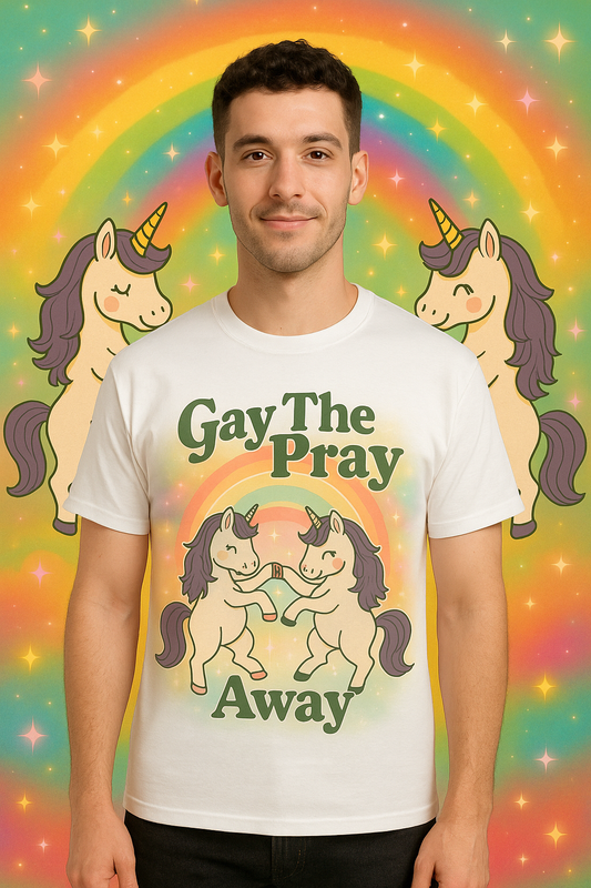Gay The Pray Away Shirt | Cute Pride Unicorn Tee | LGBTQ+ Funny Graphic Tee | Gildan 64000 Softstyle | Gay Pride Gift | Retro Pastel Rainbow Shirt