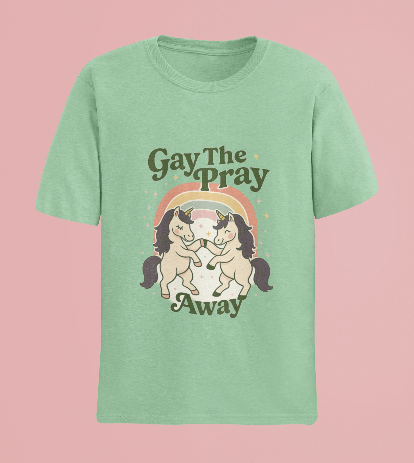 Gay The Pray Away Shirt | Cute Pride Unicorn Tee | LGBTQ+ Funny Graphic Tee | Gildan 64000 Softstyle | Gay Pride Gift | Retro Pastel Rainbow Shirt