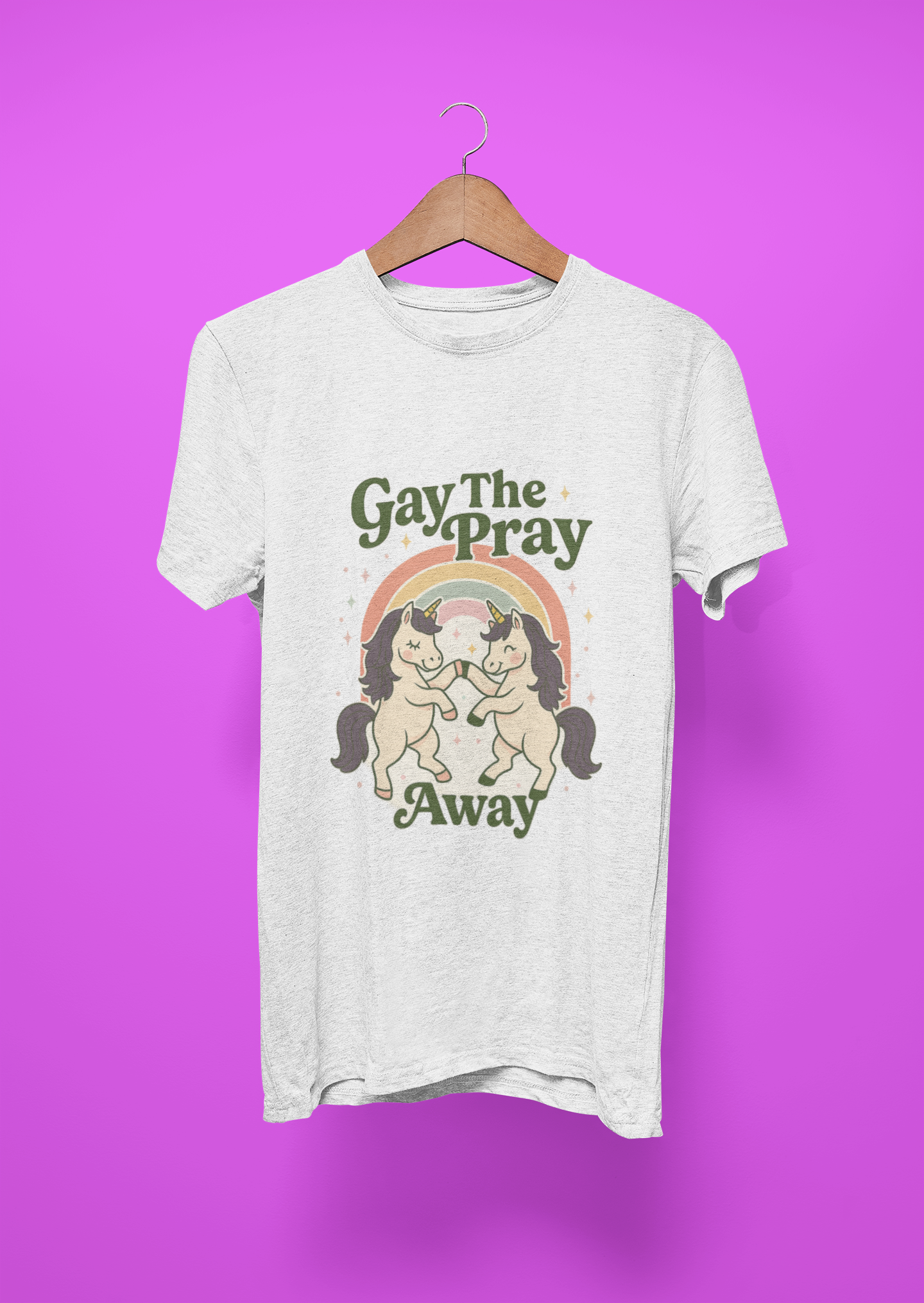 Gay The Pray Away Shirt | Cute Pride Unicorn Tee | LGBTQ+ Funny Graphic Tee | Gildan 64000 Softstyle | Gay Pride Gift | Retro Pastel Rainbow Shirt