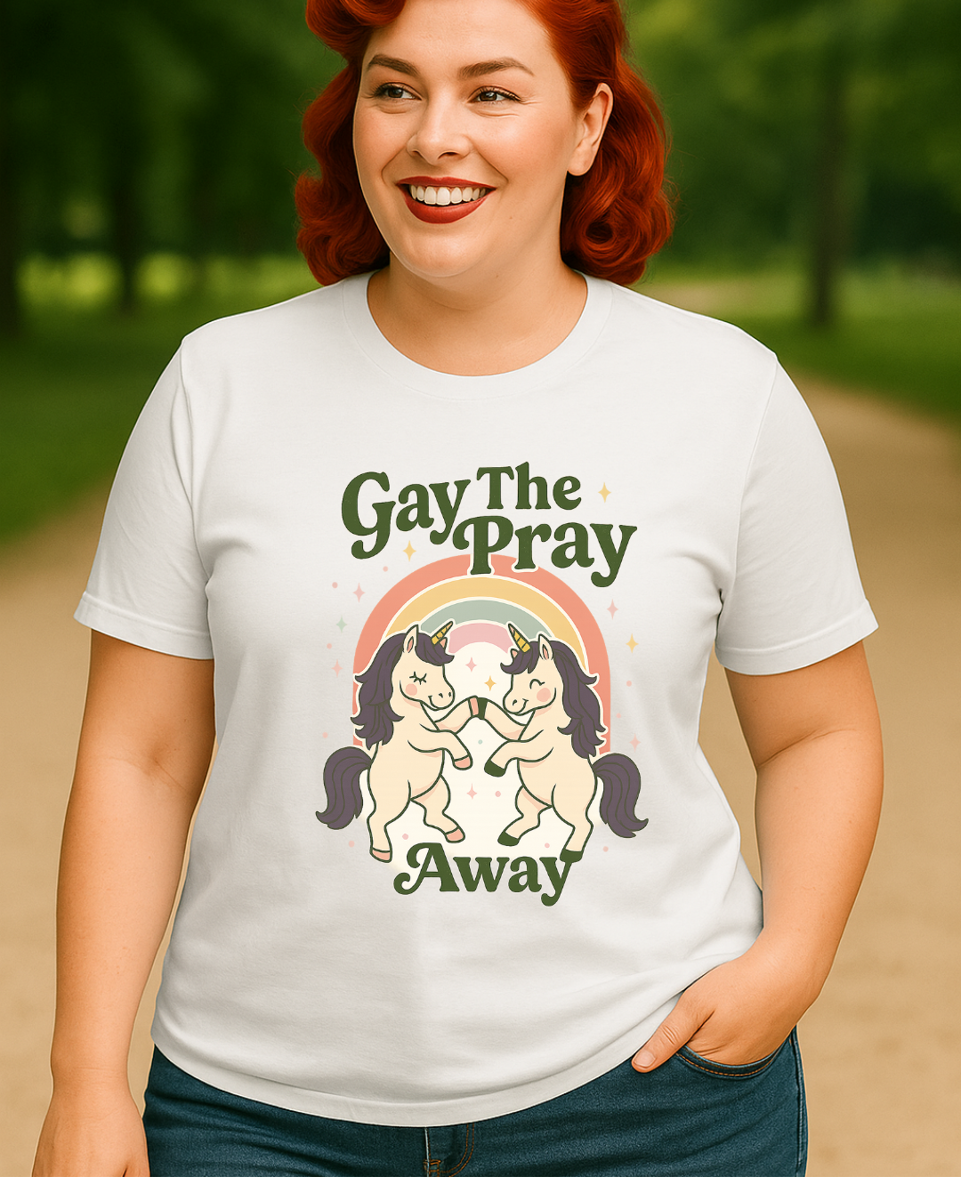 Gay The Pray Away Shirt | Cute Pride Unicorn Tee | LGBTQ+ Funny Graphic Tee | Gildan 64000 Softstyle | Gay Pride Gift | Retro Pastel Rainbow Shirt