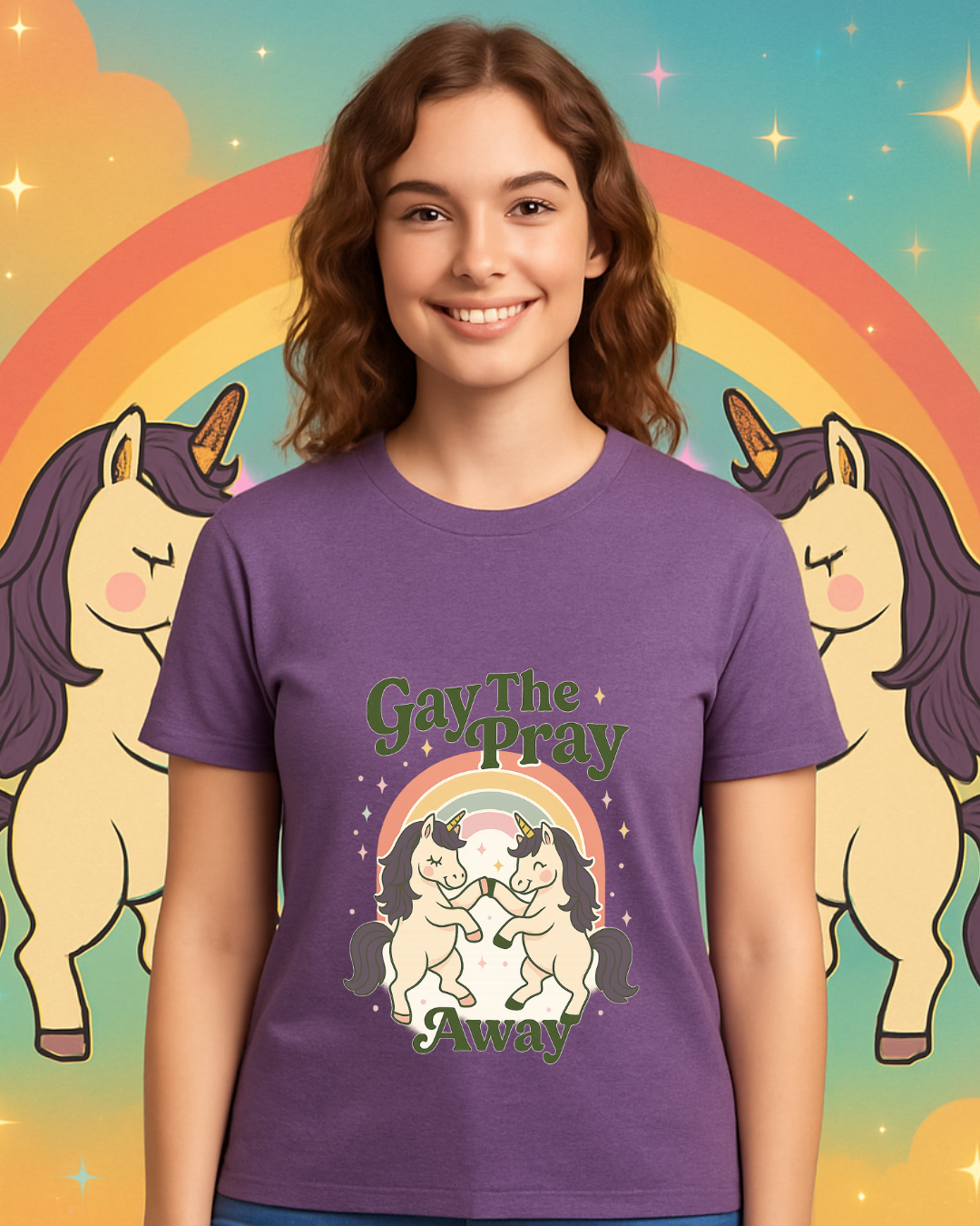Gay The Pray Away Shirt | Cute Pride Unicorn Tee | LGBTQ+ Funny Graphic Tee | Gildan 64000 Softstyle | Gay Pride Gift | Retro Pastel Rainbow Shirt