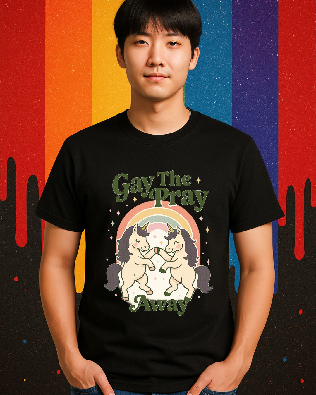 Gay The Pray Away Shirt | Cute Pride Unicorn Tee | LGBTQ+ Funny Graphic Tee | Gildan 64000 Softstyle | Gay Pride Gift | Retro Pastel Rainbow Shirt