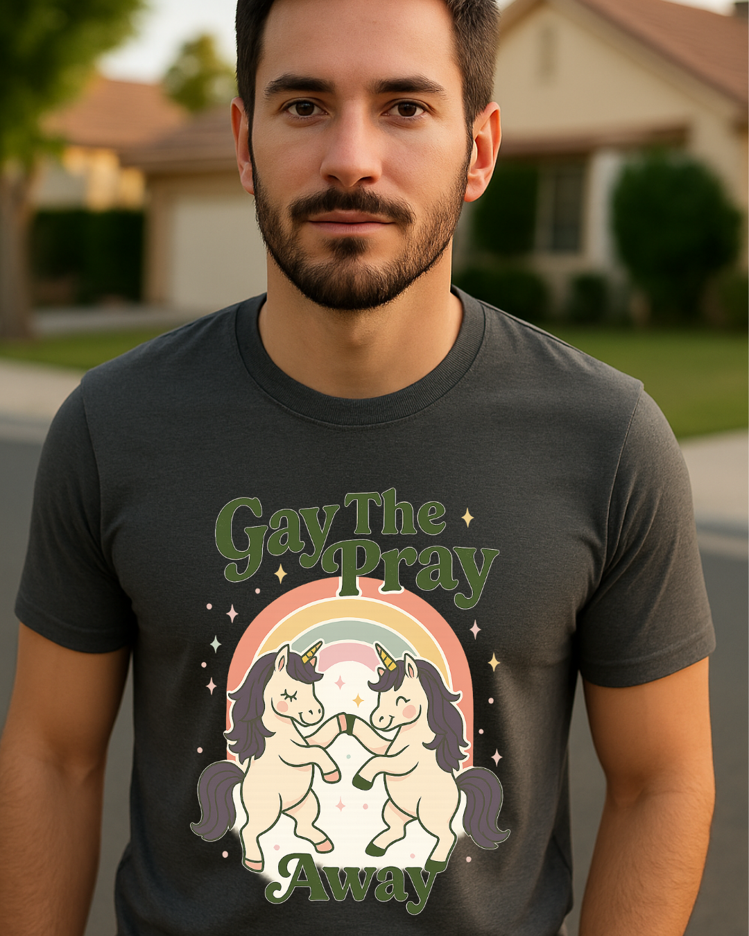 Gay The Pray Away Shirt | Cute Pride Unicorn Tee | LGBTQ+ Funny Graphic Tee | Gildan 64000 Softstyle | Gay Pride Gift | Retro Pastel Rainbow Shirt