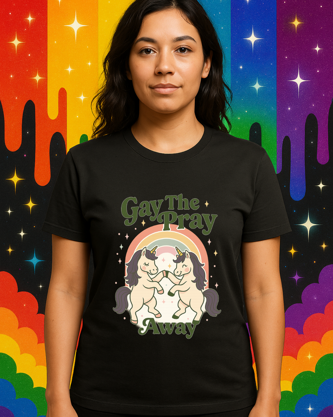 Gay The Pray Away Shirt | Cute Pride Unicorn Tee | LGBTQ+ Funny Graphic Tee | Gildan 64000 Softstyle | Gay Pride Gift | Retro Pastel Rainbow Shirt