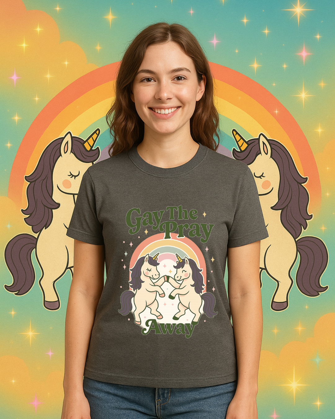 Gay The Pray Away Shirt | Cute Pride Unicorn Tee | LGBTQ+ Funny Graphic Tee | Gildan 64000 Softstyle | Gay Pride Gift | Retro Pastel Rainbow Shirt