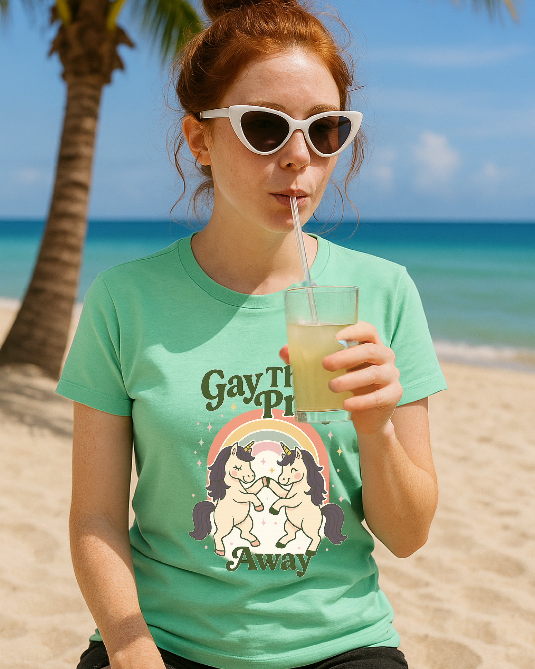 Gay The Pray Away Shirt | Cute Pride Unicorn Tee | LGBTQ+ Funny Graphic Tee | Gildan 64000 Softstyle | Gay Pride Gift | Retro Pastel Rainbow Shirt