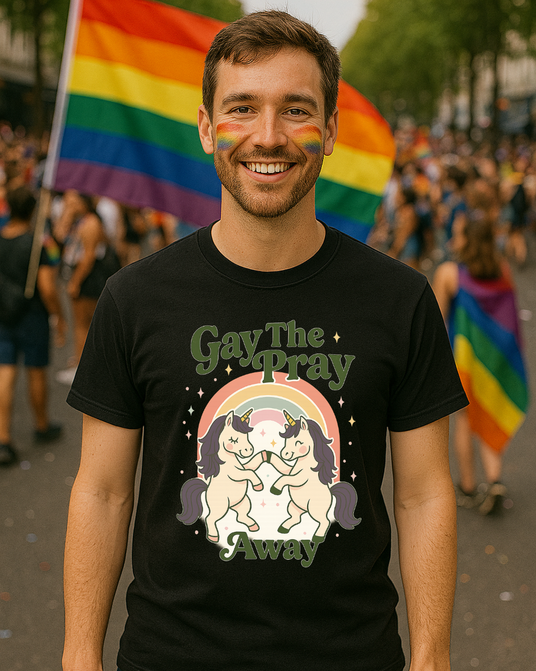 Gay The Pray Away Shirt | Cute Pride Unicorn Tee | LGBTQ+ Funny Graphic Tee | Gildan 64000 Softstyle | Gay Pride Gift | Retro Pastel Rainbow Shirt