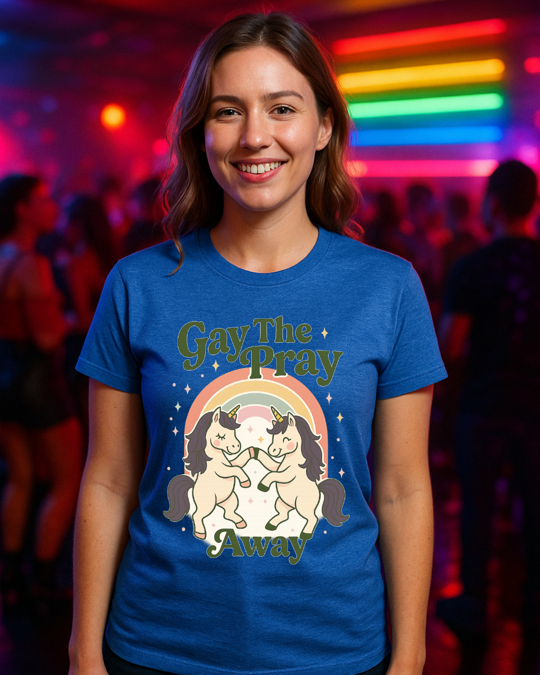 Gay The Pray Away Shirt | Cute Pride Unicorn Tee | LGBTQ+ Funny Graphic Tee | Gildan 64000 Softstyle | Gay Pride Gift | Retro Pastel Rainbow Shirt