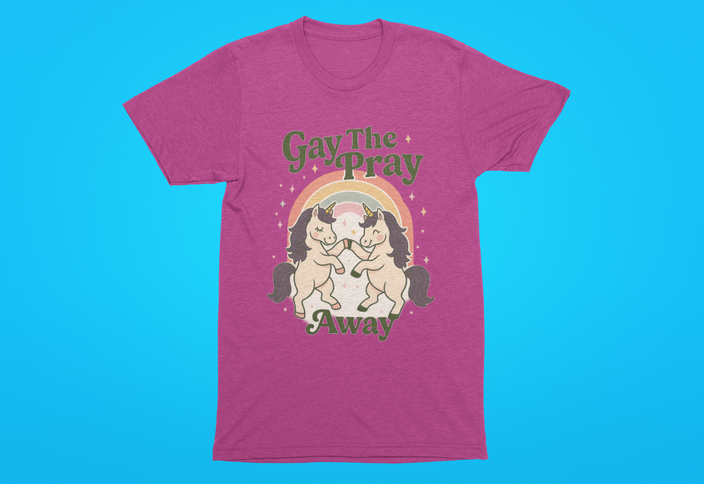 Gay The Pray Away Shirt | Cute Pride Unicorn Tee | LGBTQ+ Funny Graphic Tee | Gildan 64000 Softstyle | Gay Pride Gift | Retro Pastel Rainbow Shirt