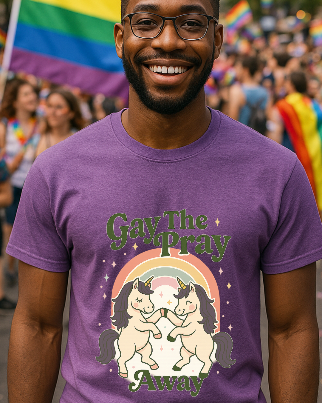 Gay The Pray Away Shirt | Cute Pride Unicorn Tee | LGBTQ+ Funny Graphic Tee | Gildan 64000 Softstyle | Gay Pride Gift | Retro Pastel Rainbow Shirt