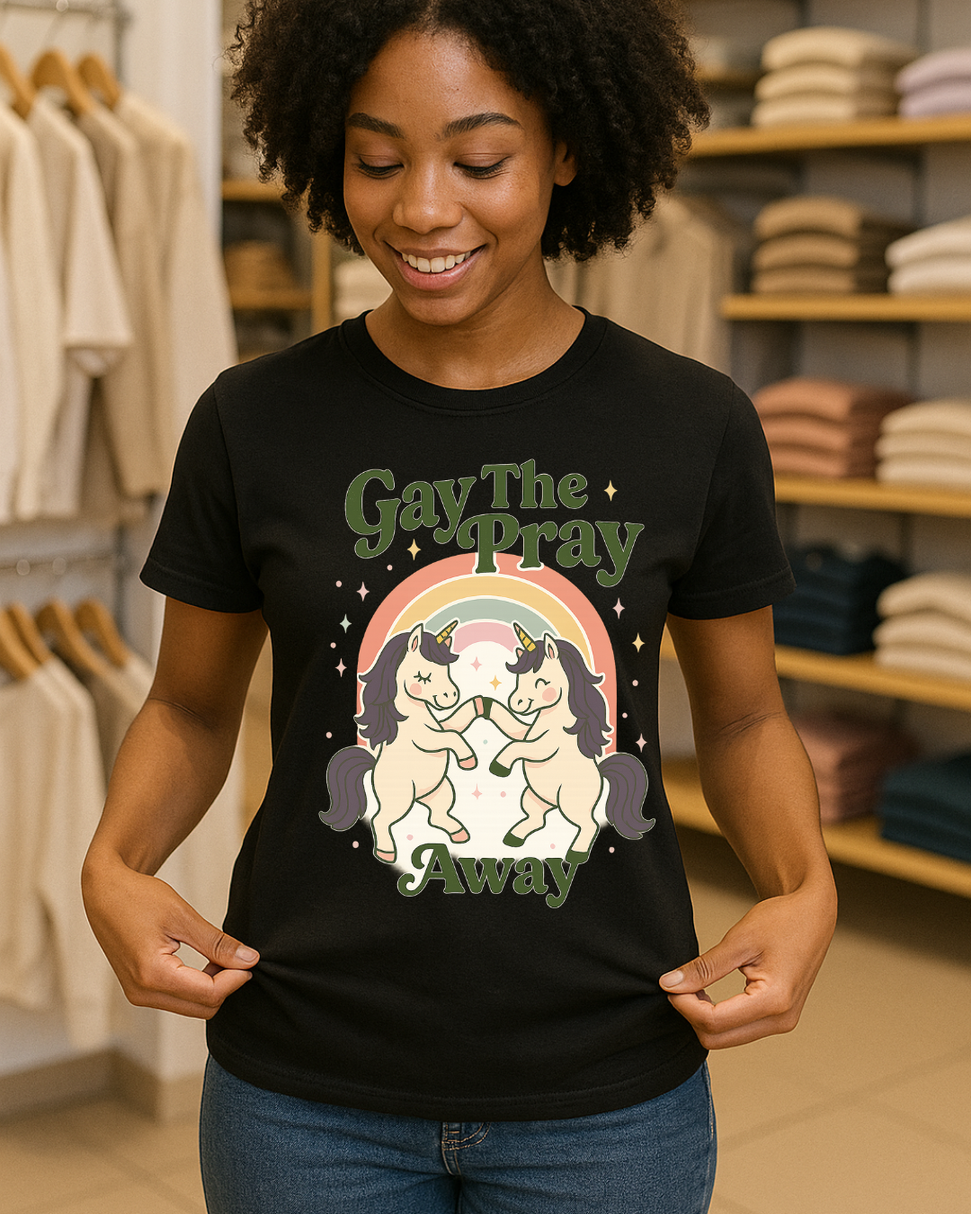 Gay The Pray Away Shirt | Cute Pride Unicorn Tee | LGBTQ+ Funny Graphic Tee | Gildan 64000 Softstyle | Gay Pride Gift | Retro Pastel Rainbow Shirt