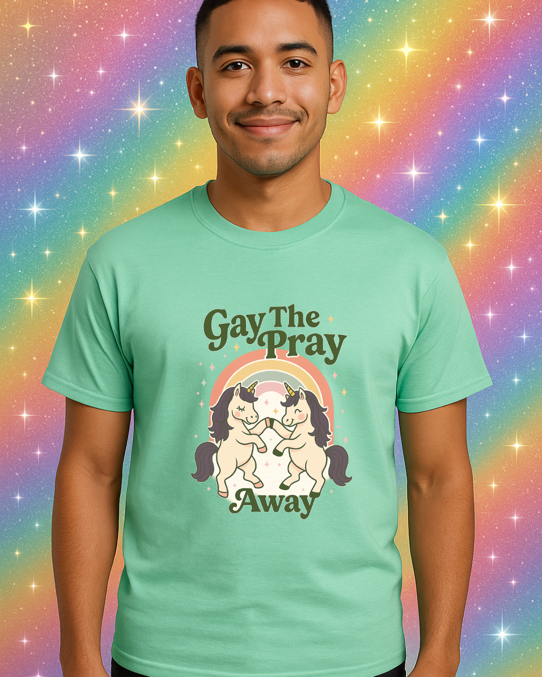 Gay The Pray Away Shirt | Cute Pride Unicorn Tee | LGBTQ+ Funny Graphic Tee | Gildan 64000 Softstyle | Gay Pride Gift | Retro Pastel Rainbow Shirt