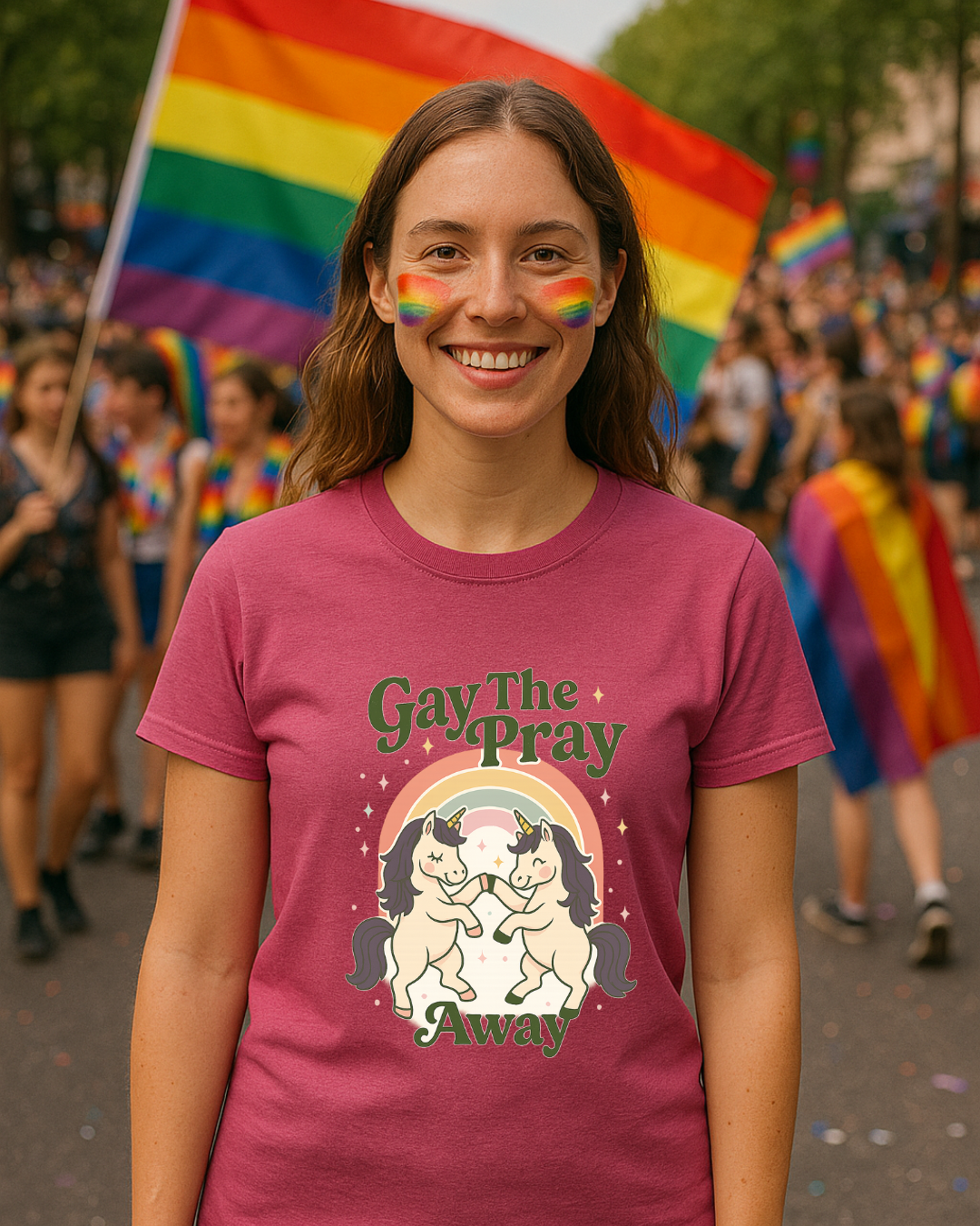Gay The Pray Away Shirt | Cute Pride Unicorn Tee | LGBTQ+ Funny Graphic Tee | Gildan 64000 Softstyle | Gay Pride Gift | Retro Pastel Rainbow Shirt