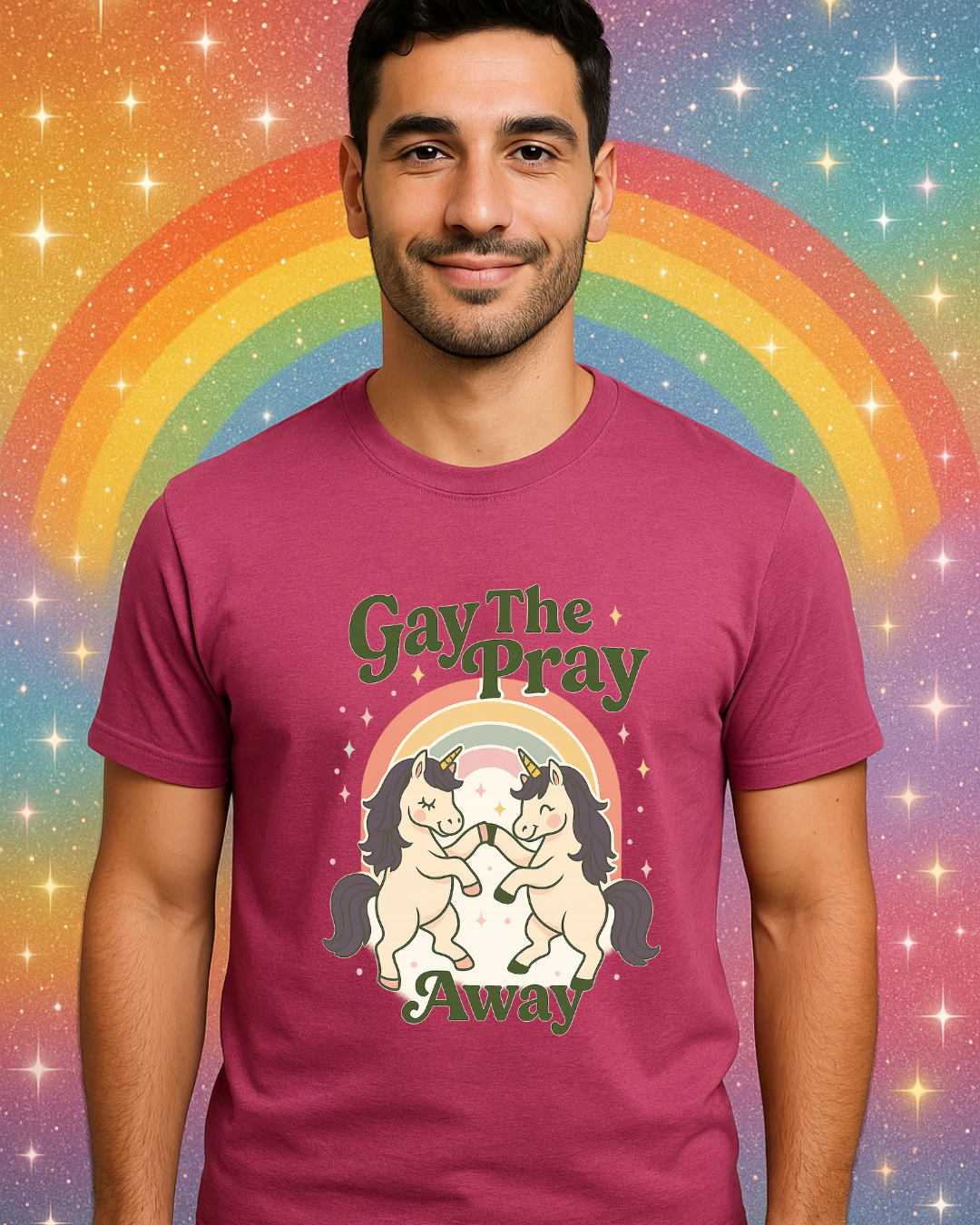 Gay The Pray Away Shirt | Cute Pride Unicorn Tee | LGBTQ+ Funny Graphic Tee | Gildan 64000 Softstyle | Gay Pride Gift | Retro Pastel Rainbow Shirt