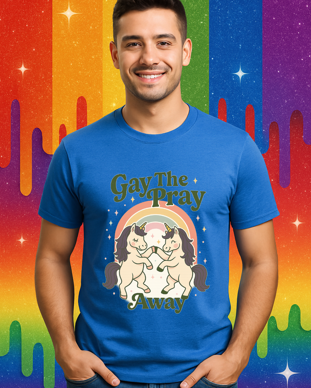 Gay The Pray Away Shirt | Cute Pride Unicorn Tee | LGBTQ+ Funny Graphic Tee | Gildan 64000 Softstyle | Gay Pride Gift | Retro Pastel Rainbow Shirt
