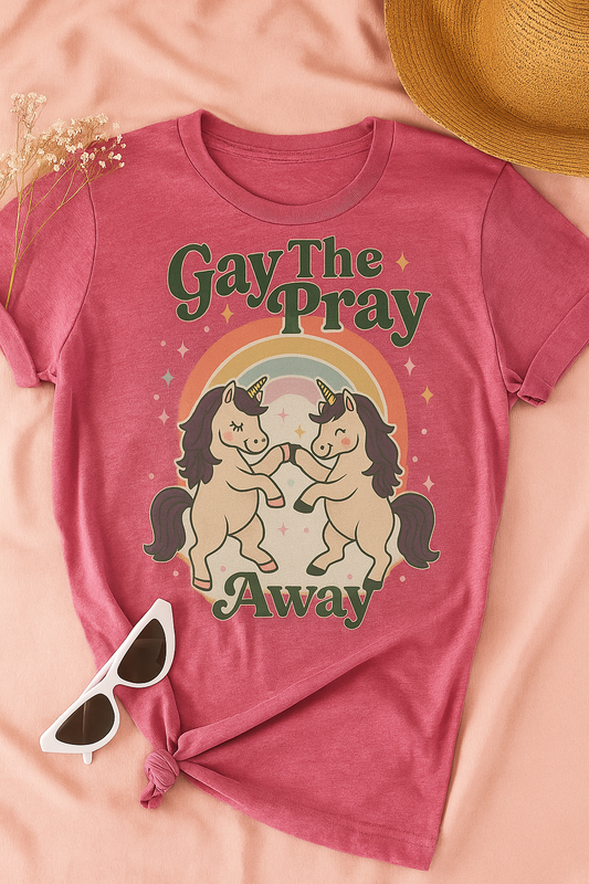 Gay The Pray Away Shirt | Cute Pride Unicorn Tee | LGBTQ+ Funny Graphic Tee | Gildan 64000 Softstyle | Gay Pride Gift | Retro Pastel Rainbow Shirt