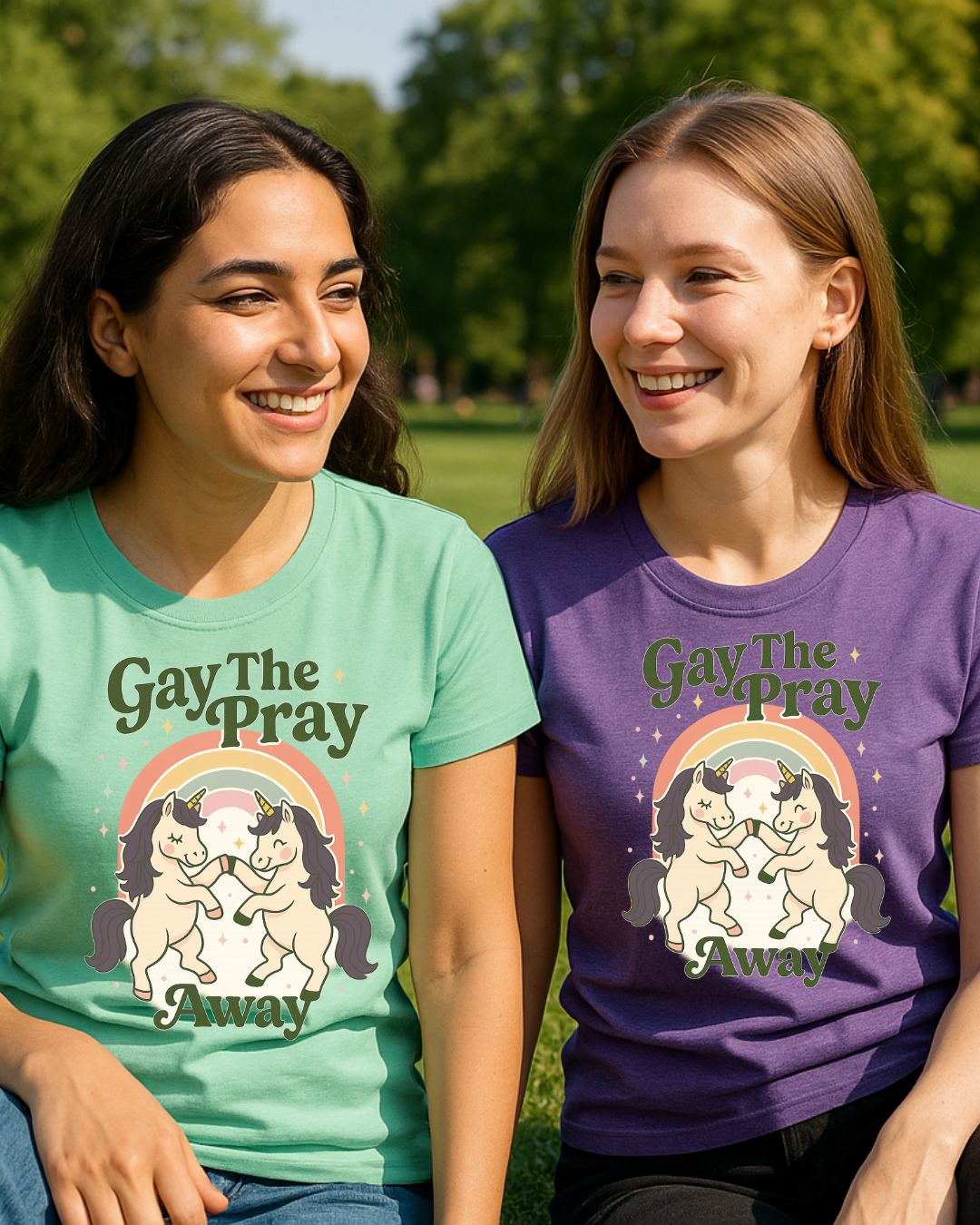 Gay The Pray Away Shirt | Cute Pride Unicorn Tee | LGBTQ+ Funny Graphic Tee | Gildan 64000 Softstyle | Gay Pride Gift | Retro Pastel Rainbow Shirt