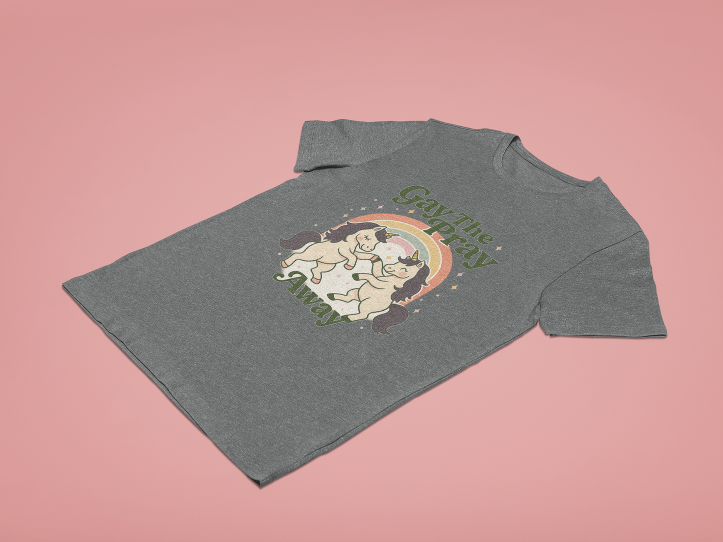 Gay The Pray Away Shirt | Cute Pride Unicorn Tee | LGBTQ+ Funny Graphic Tee | Gildan 64000 Softstyle | Gay Pride Gift | Retro Pastel Rainbow Shirt