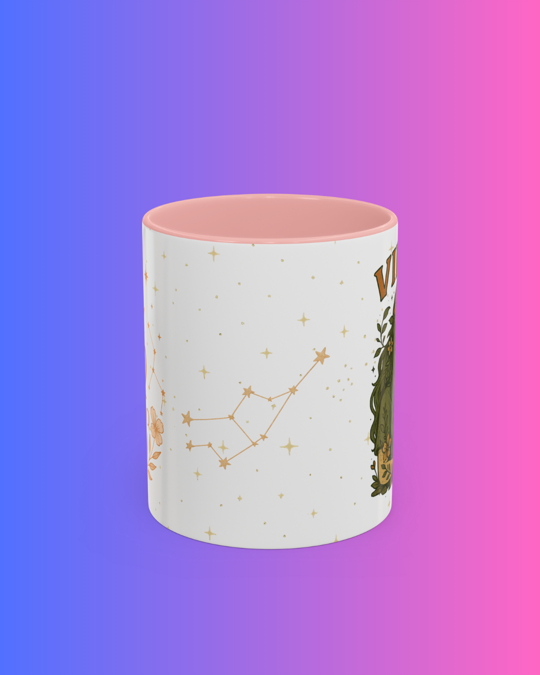 Virgo Zodiac Celestial Mug | Pink Handle | Earth Goddess Astrology Coffee Cup 15oz