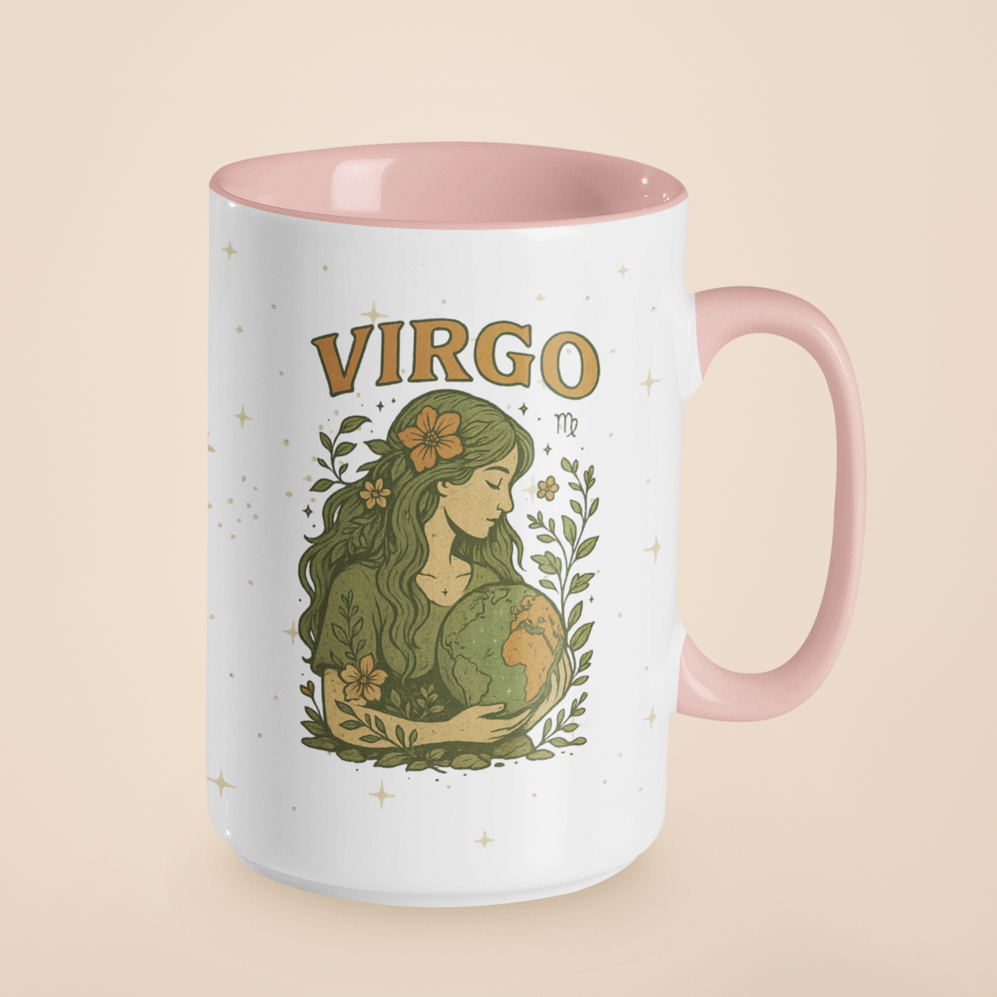 Virgo Zodiac Celestial Mug | Pink Handle | Earth Goddess Astrology Coffee Cup 15oz