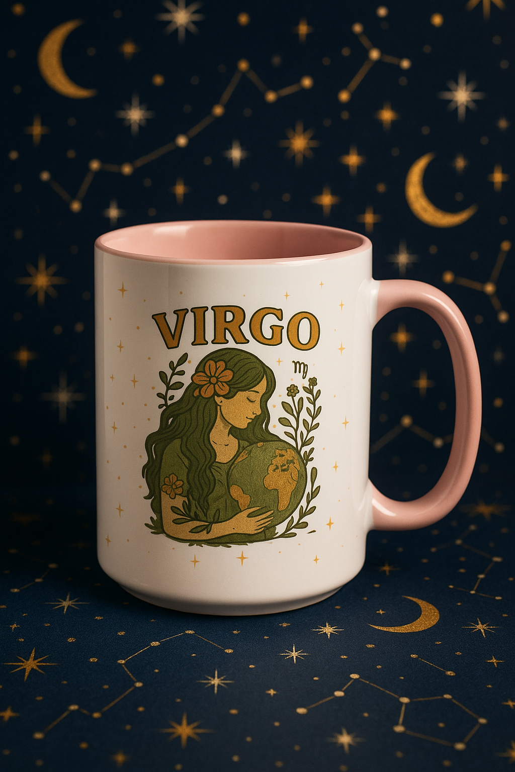 Virgo Zodiac Celestial Mug | Pink Handle | Earth Goddess Astrology Coffee Cup 15oz