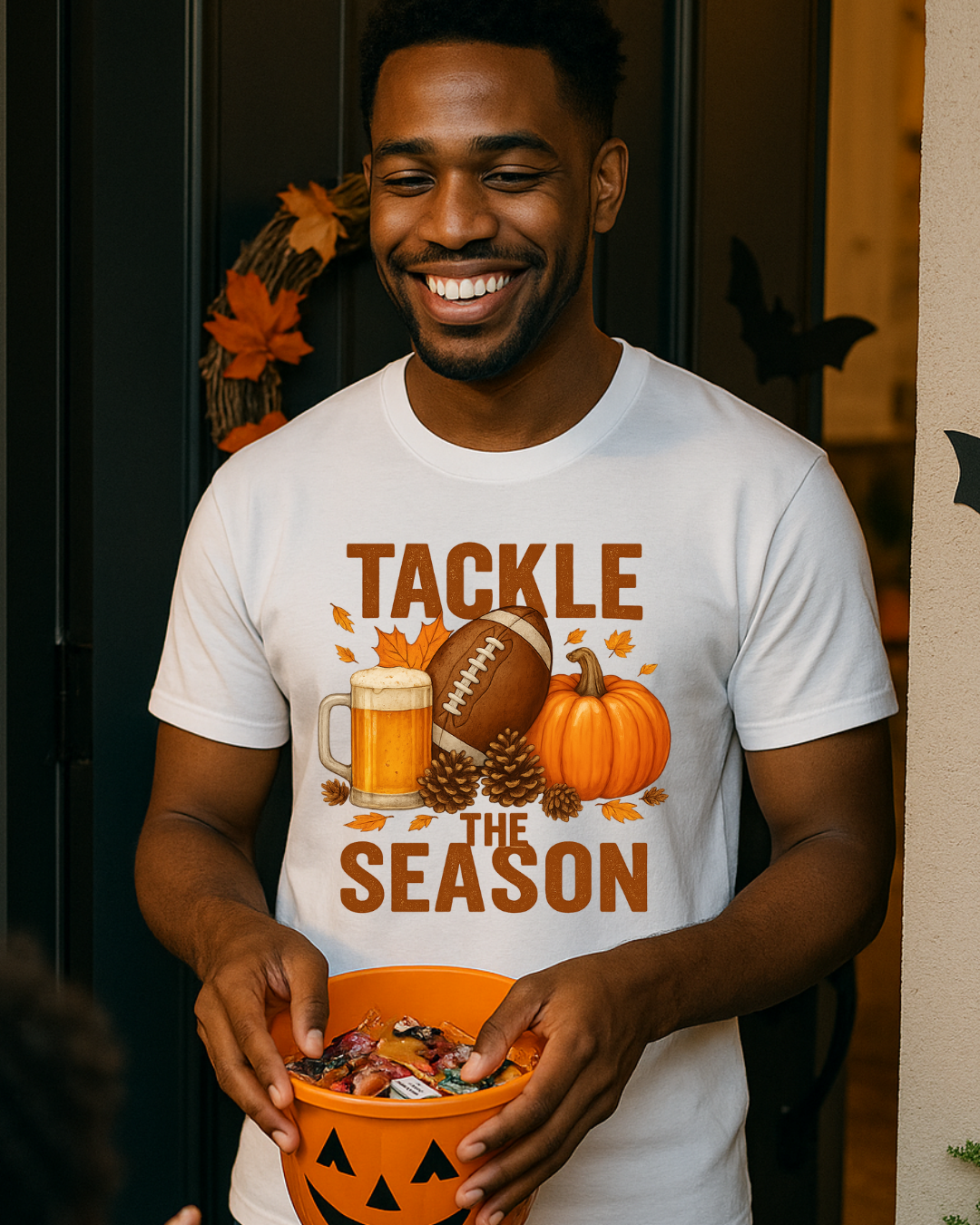 Tackle the Season Shirt | Fall Football Beer Pumpkin Tee | Gildan 5000 White | Free Shipping