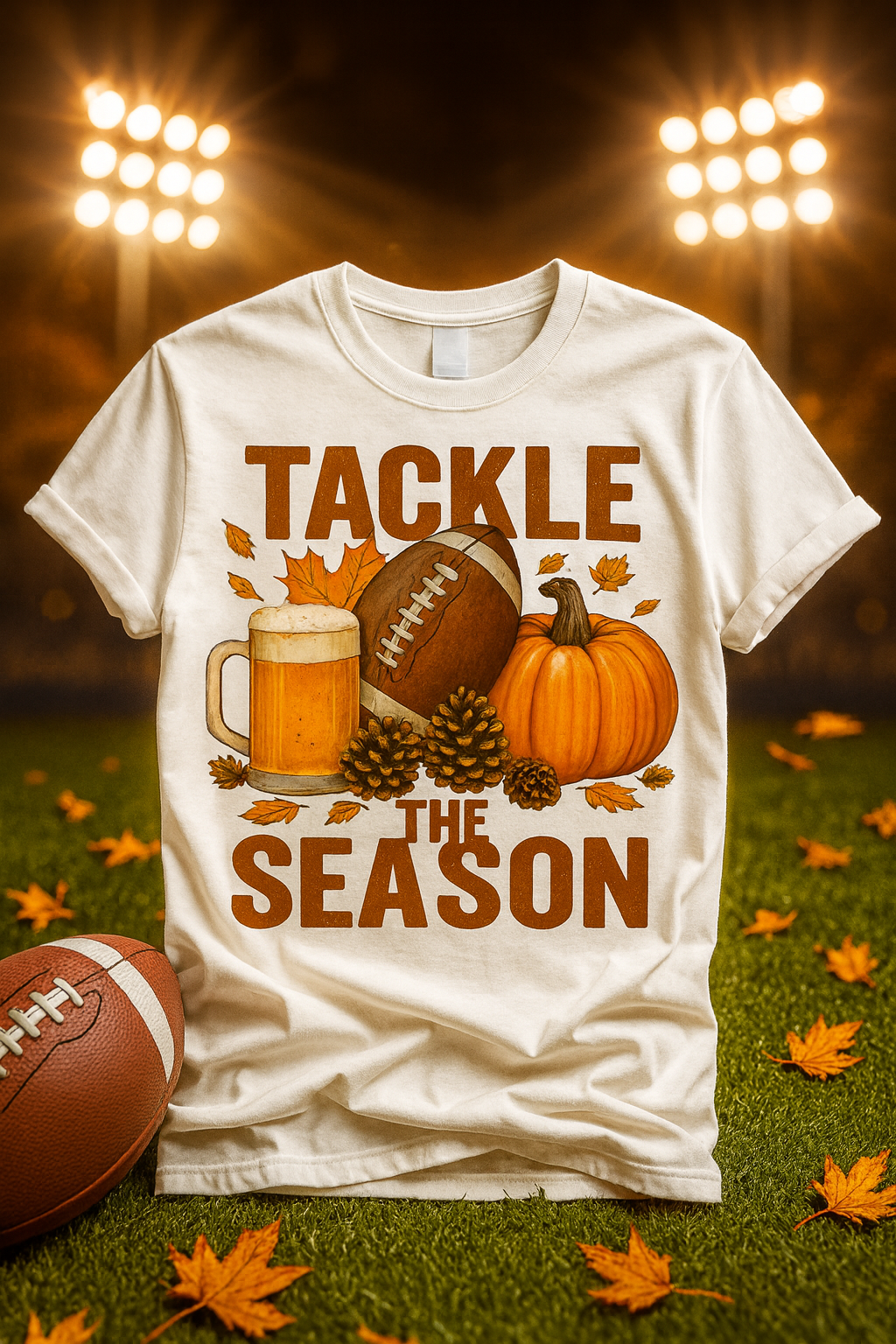 Tackle the Season Shirt | Fall Football Beer Pumpkin Tee | Gildan 5000 White | Free Shipping