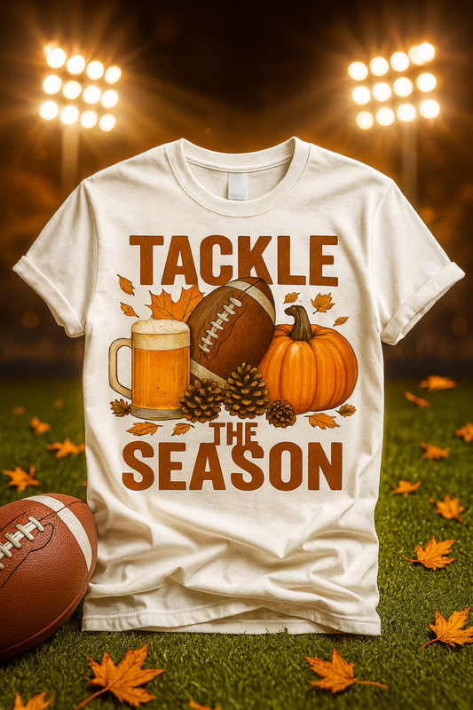 Tackle the Season Shirt | Fall Football Beer Pumpkin Tee | Gildan 5000 White | Free Shipping