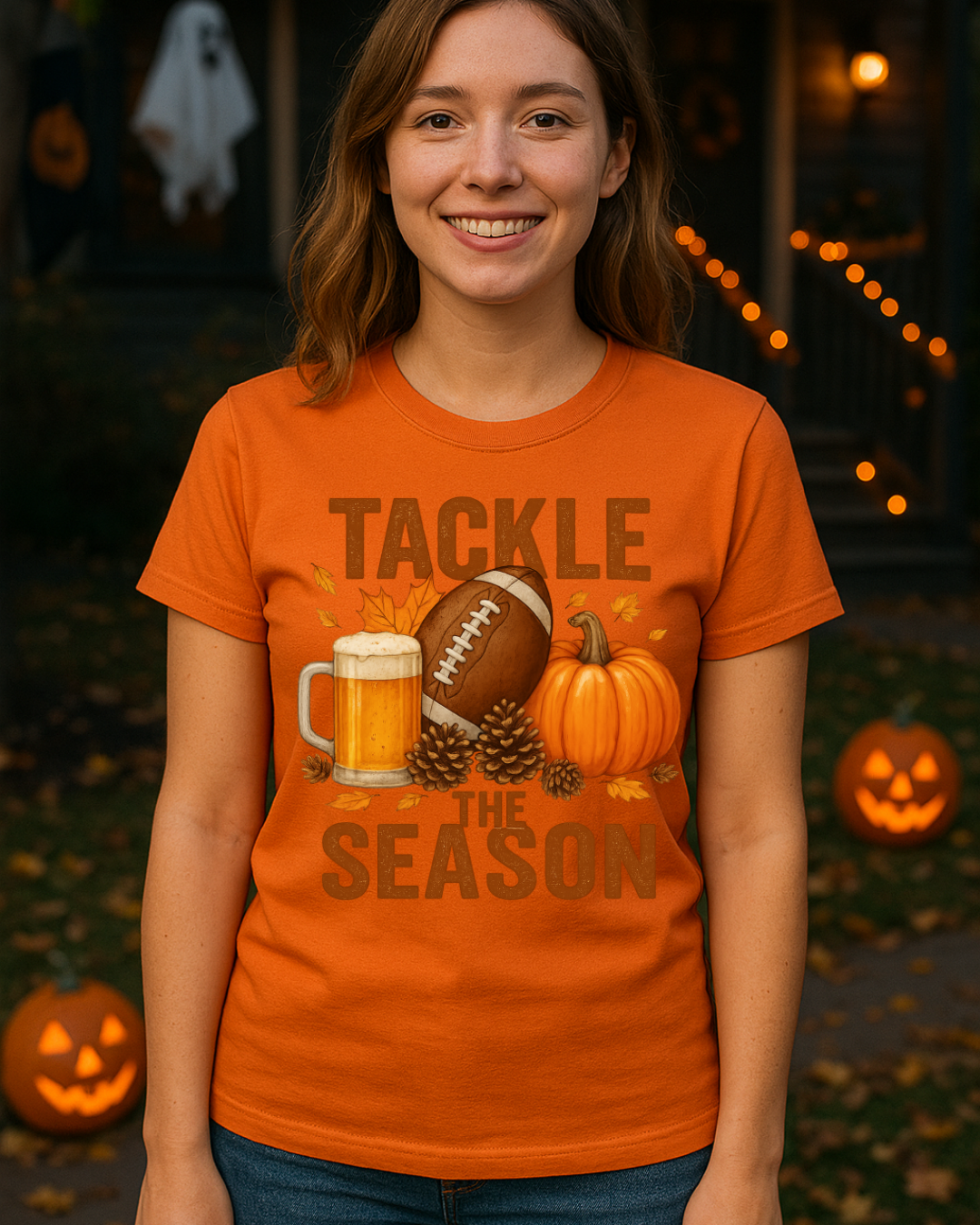 Tackle the Season Shirt | Fall Football Beer Pumpkin Tee | Gildan 5000 White | Free Shipping