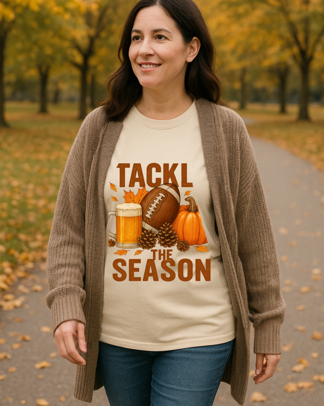 Tackle the Season Shirt | Fall Football Beer Pumpkin Tee | Gildan 5000 White | Free Shipping