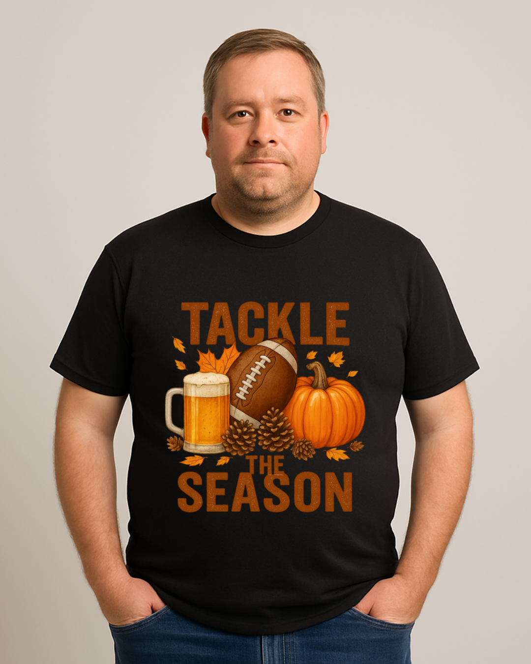 Tackle the Season Shirt | Fall Football Beer Pumpkin Tee | Gildan 5000 White | Free Shipping