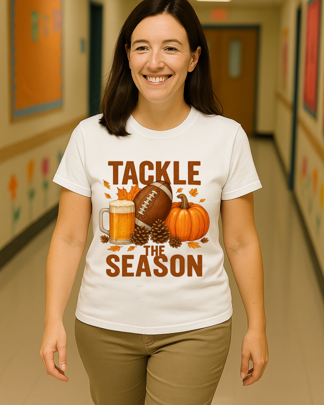 Tackle the Season Shirt | Fall Football Beer Pumpkin Tee | Gildan 5000 White | Free Shipping