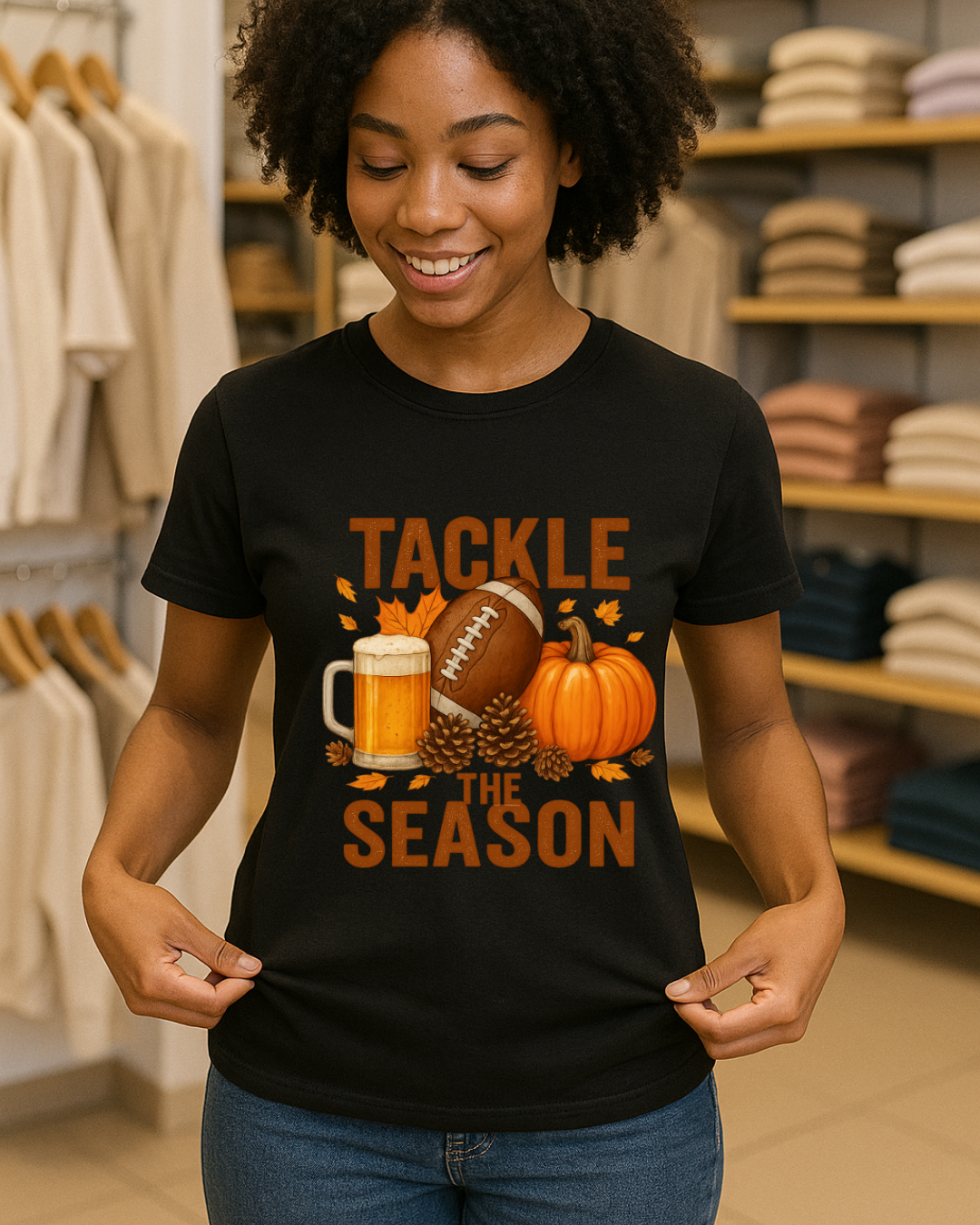 Tackle the Season Shirt | Fall Football Beer Pumpkin Tee | Gildan 5000 White | Free Shipping