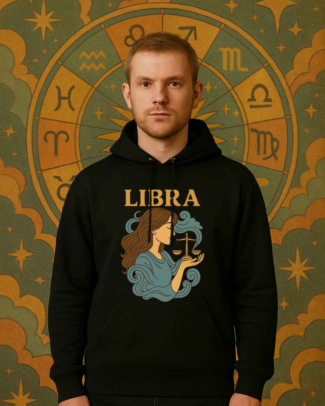 Libra Zodiac Hoodie  Retro Astrology Graphic Sweatshirt | Gildan 18500 Antique Sapphire | Cozy Libra Gift | Celestial Horoscope Hoodie