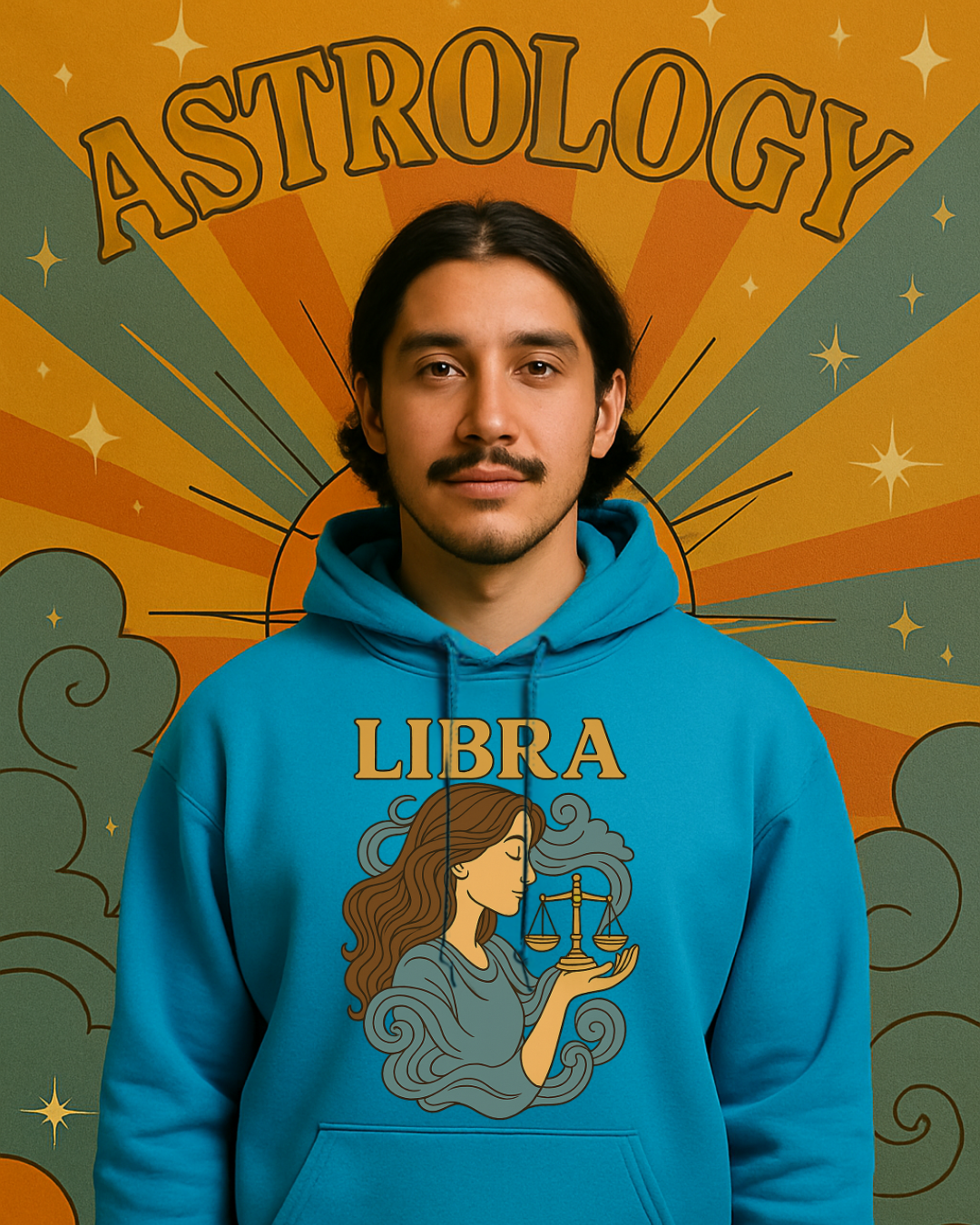 Libra Zodiac Hoodie  Retro Astrology Graphic Sweatshirt | Gildan 18500 Antique Sapphire | Cozy Libra Gift | Celestial Horoscope Hoodie