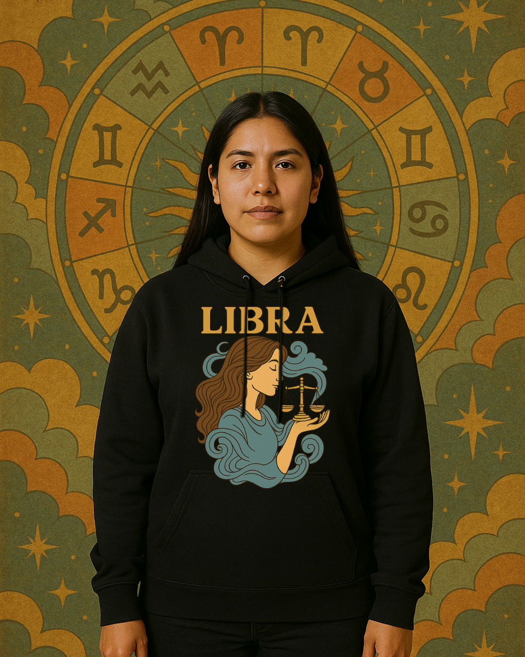 Libra Zodiac Hoodie  Retro Astrology Graphic Sweatshirt | Gildan 18500 Antique Sapphire | Cozy Libra Gift | Celestial Horoscope Hoodie
