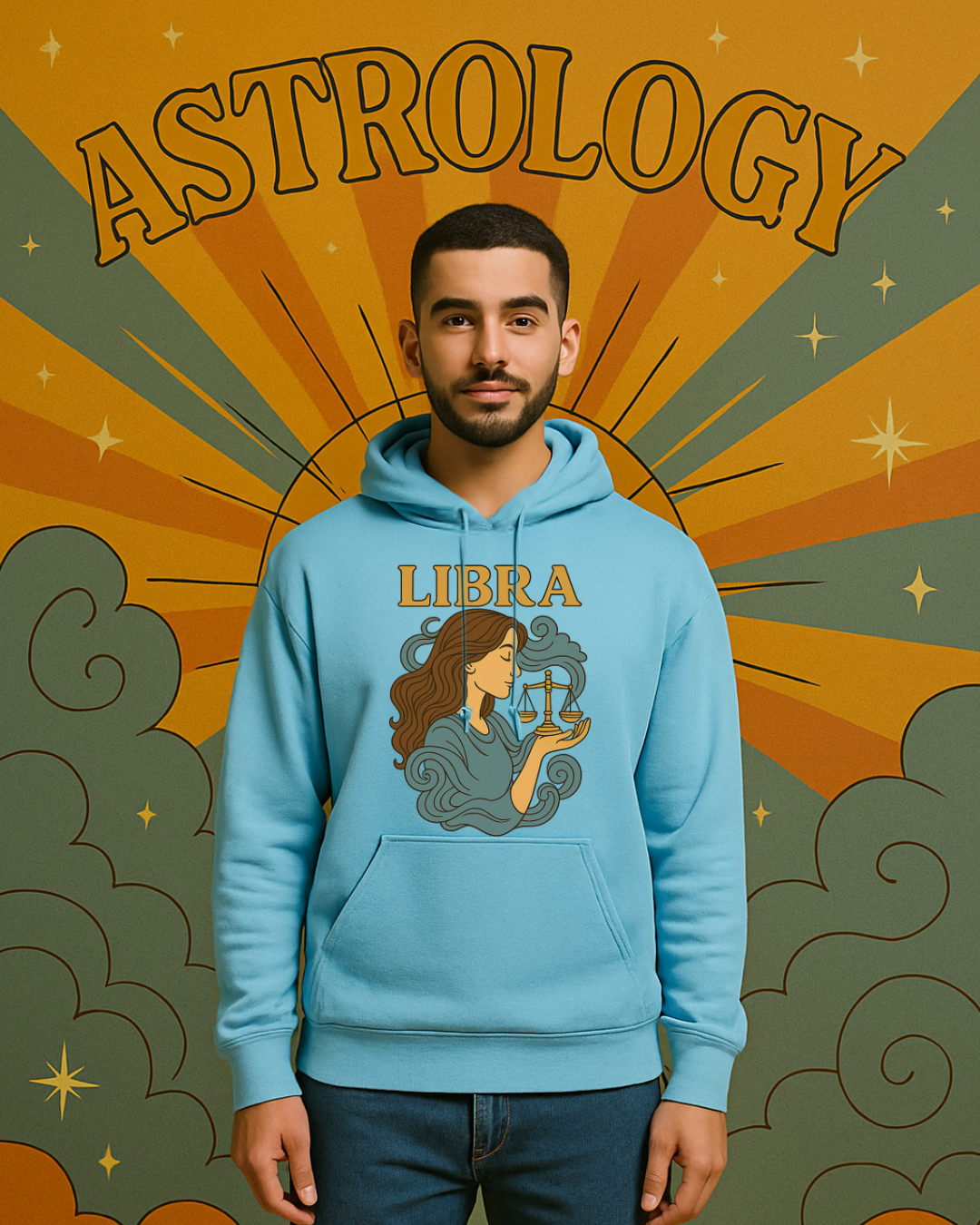 Libra Zodiac Hoodie  Retro Astrology Graphic Sweatshirt | Gildan 18500 Antique Sapphire | Cozy Libra Gift | Celestial Horoscope Hoodie