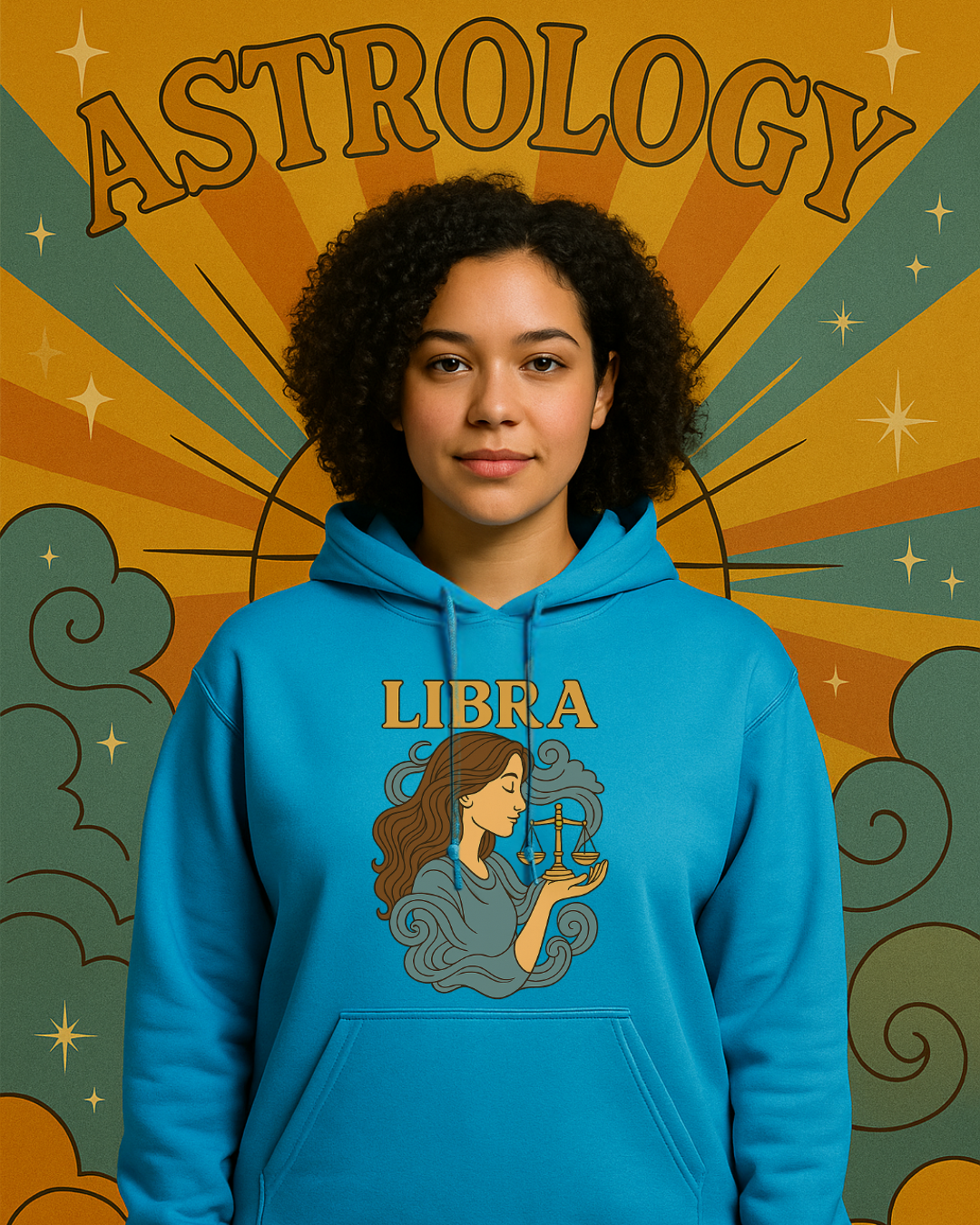 Libra Zodiac Hoodie  Retro Astrology Graphic Sweatshirt | Gildan 18500 Antique Sapphire | Cozy Libra Gift | Celestial Horoscope Hoodie