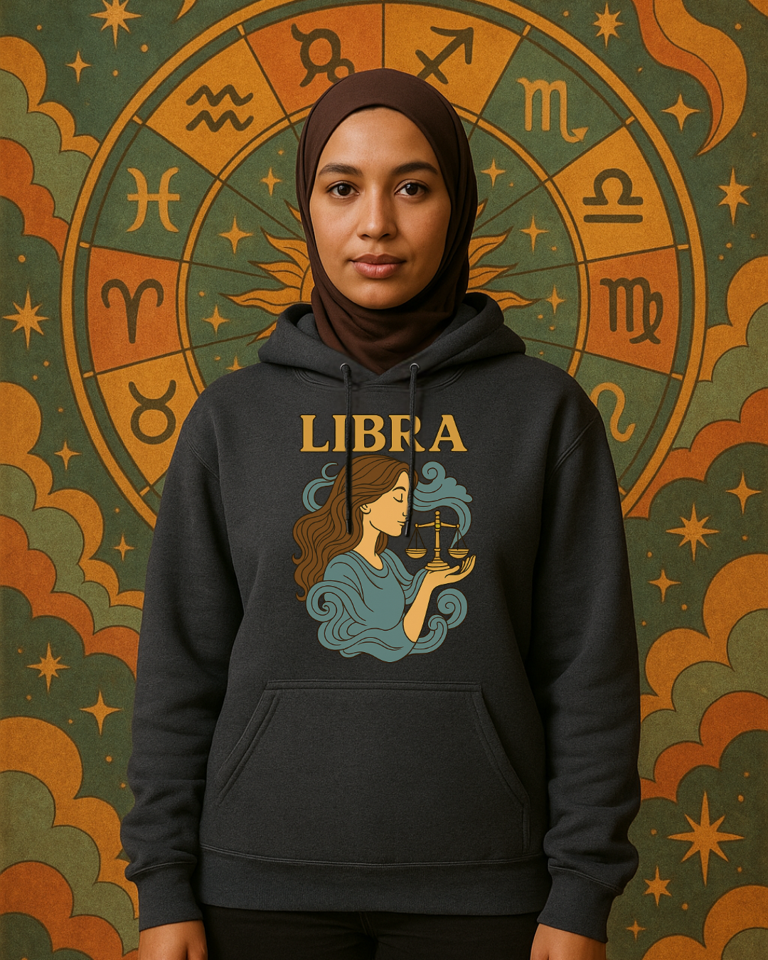 Libra Zodiac Hoodie  Retro Astrology Graphic Sweatshirt | Gildan 18500 Antique Sapphire | Cozy Libra Gift | Celestial Horoscope Hoodie