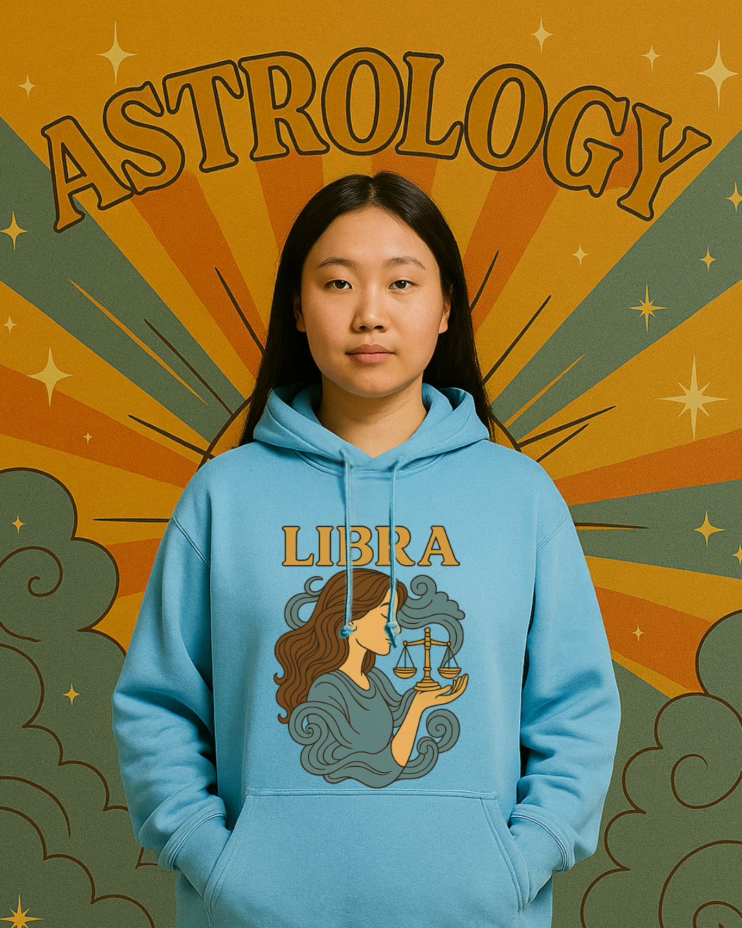 Libra Zodiac Hoodie  Retro Astrology Graphic Sweatshirt | Gildan 18500 Antique Sapphire | Cozy Libra Gift | Celestial Horoscope Hoodie