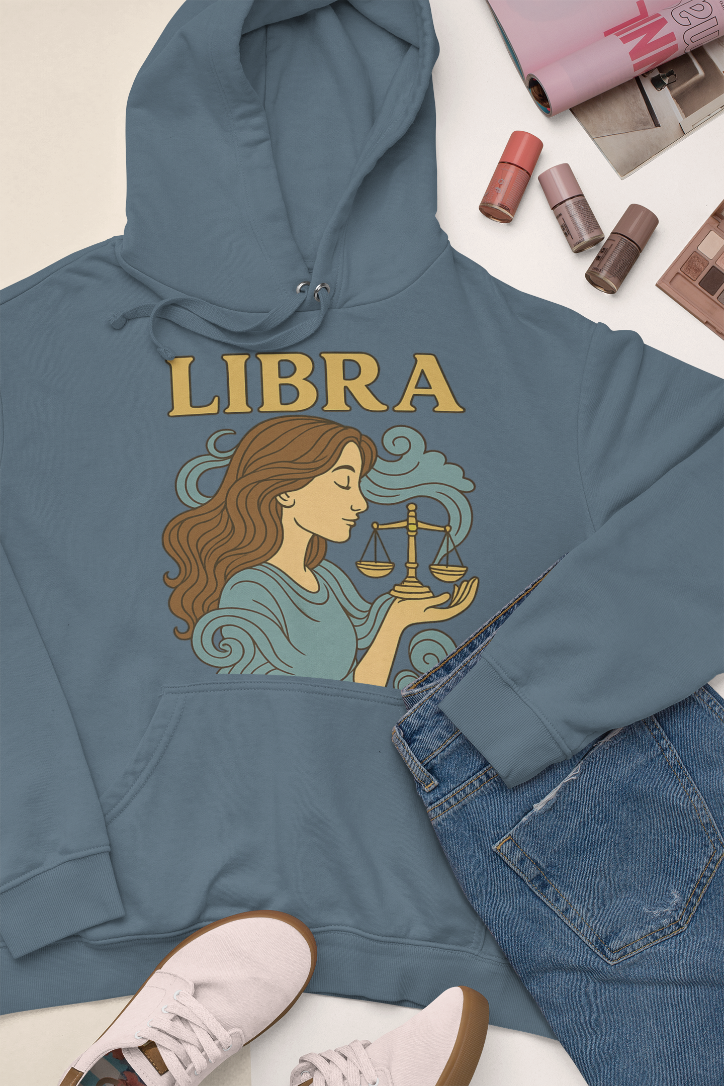 Libra Zodiac Hoodie  Retro Astrology Graphic Sweatshirt | Gildan 18500 Antique Sapphire | Cozy Libra Gift | Celestial Horoscope Hoodie