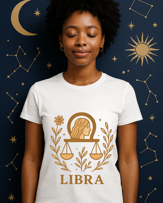 Libra Zodiac T-Shirt | Minimal Boho Astrology Tee | Soft Gold Libra Graphic on White Gildan 64000 | Celestial Birthday Gift
