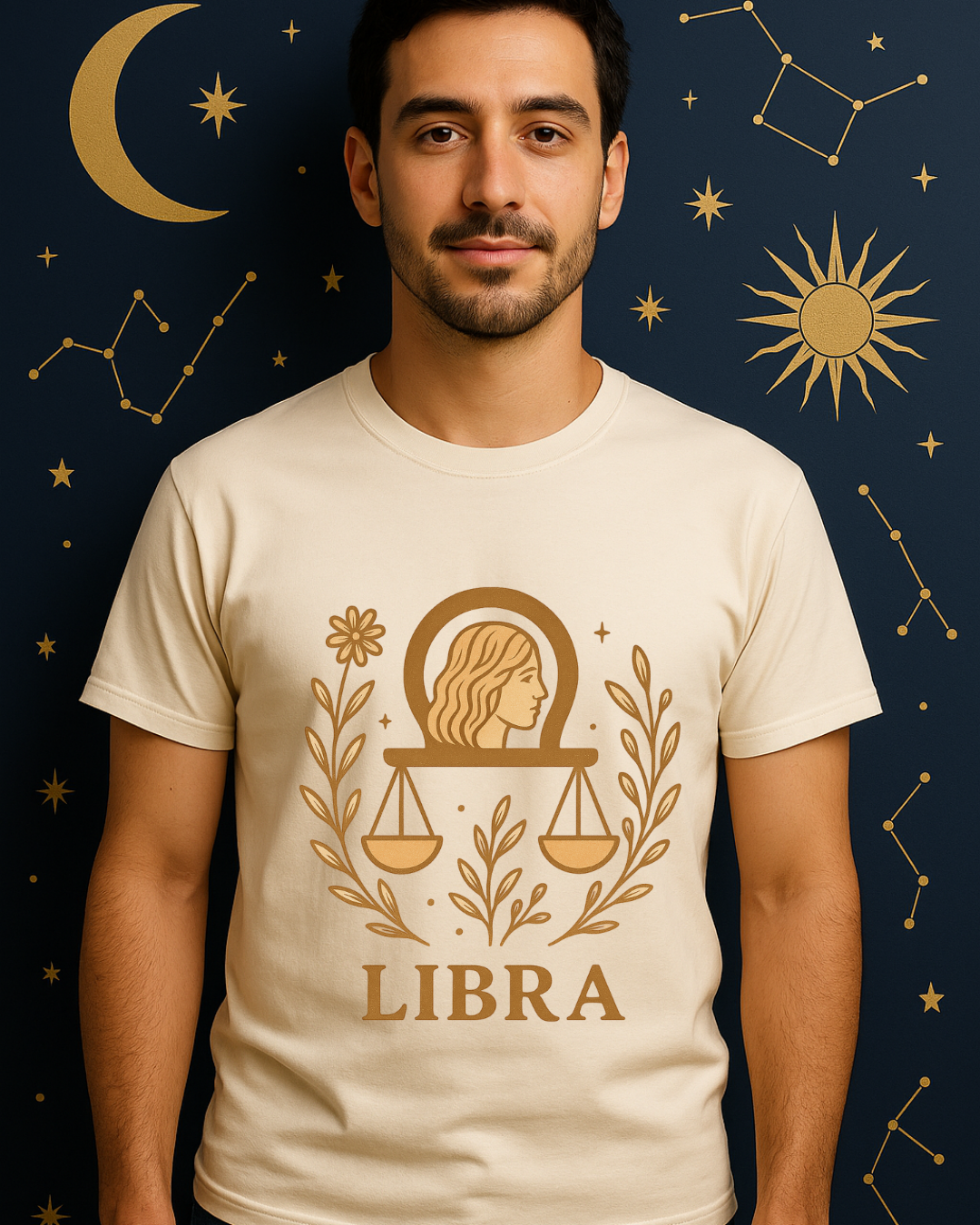 Libra Zodiac T-Shirt | Minimal Boho Astrology Tee | Soft Gold Libra Graphic on White Gildan 64000 | Celestial Birthday Gift